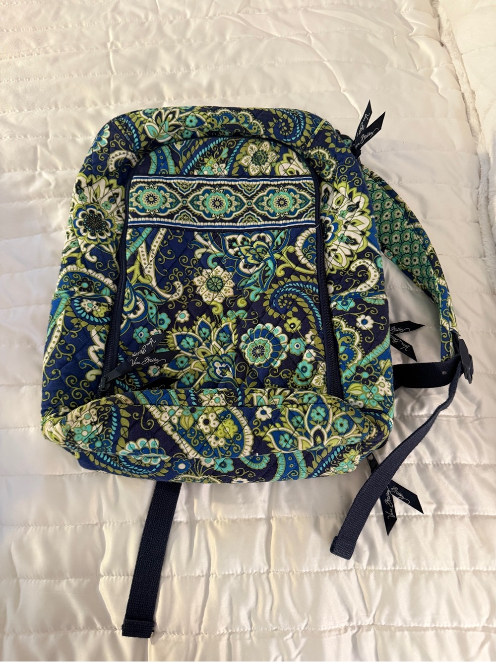 Vera Bradley Navy Floral Paisley Quilted Backpack with Teal & Green Accents